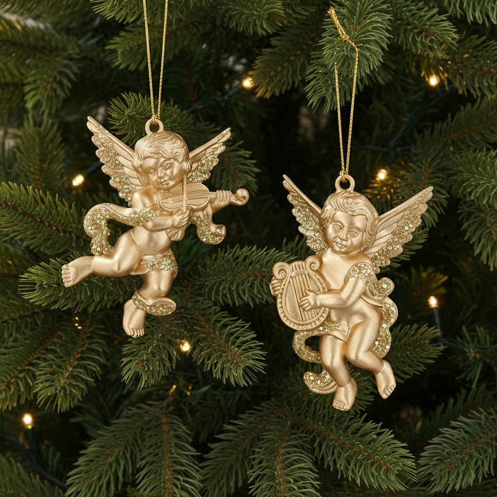 Set of 2 Gold Cherub Hanging Christmas Decoration