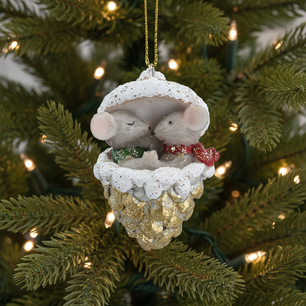 Mice in Gold Cone Hanging Christmas Decoration