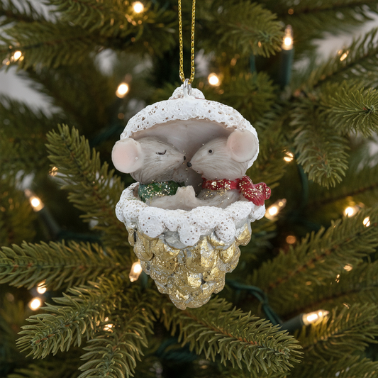 Mice in Gold Cone Hanging Christmas Decoration