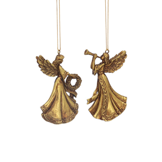 Two gold-colored resin angel figurines with one holding a harp and the other a flute, both with gold hanging wires for Christmas decoration.
