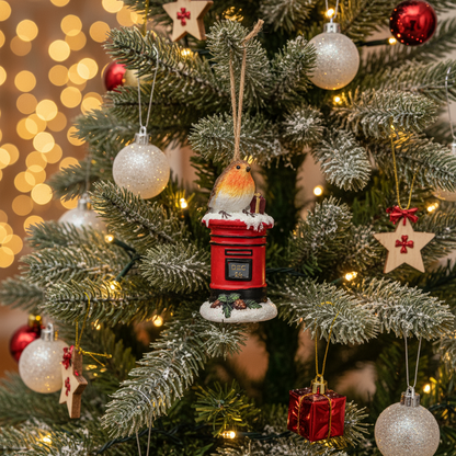 Decorative Christmas ornament of a robin on a postbox hanging from a Christmas tree with lights in the background.