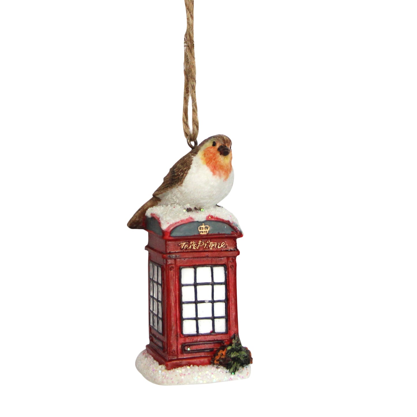 Robin on Phone Box Hanging Christmas Decoration