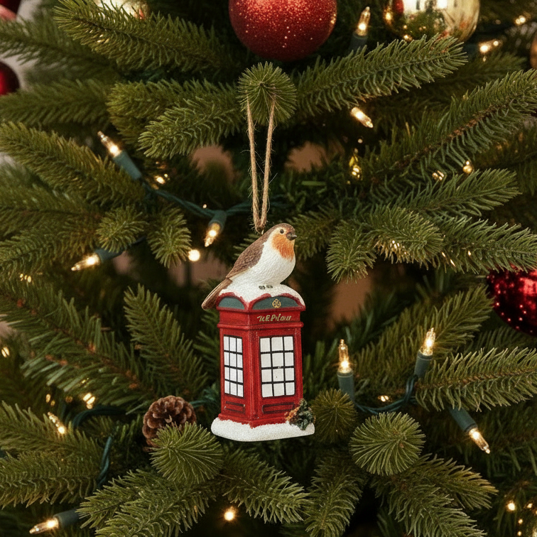 Robin on Phone Box Hanging Christmas Decoration