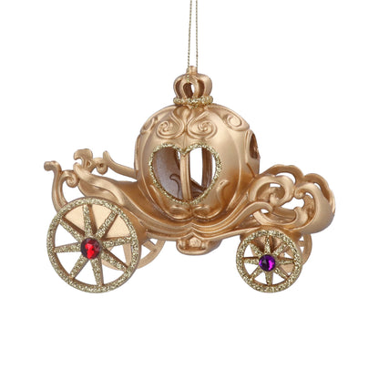 A gold-colored Cinderella carriage hanging Christmas tree decoration with intricate detailing and a heart-shaped window.