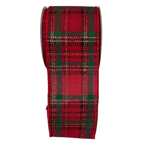 Red and green plaid ribbon on a white background