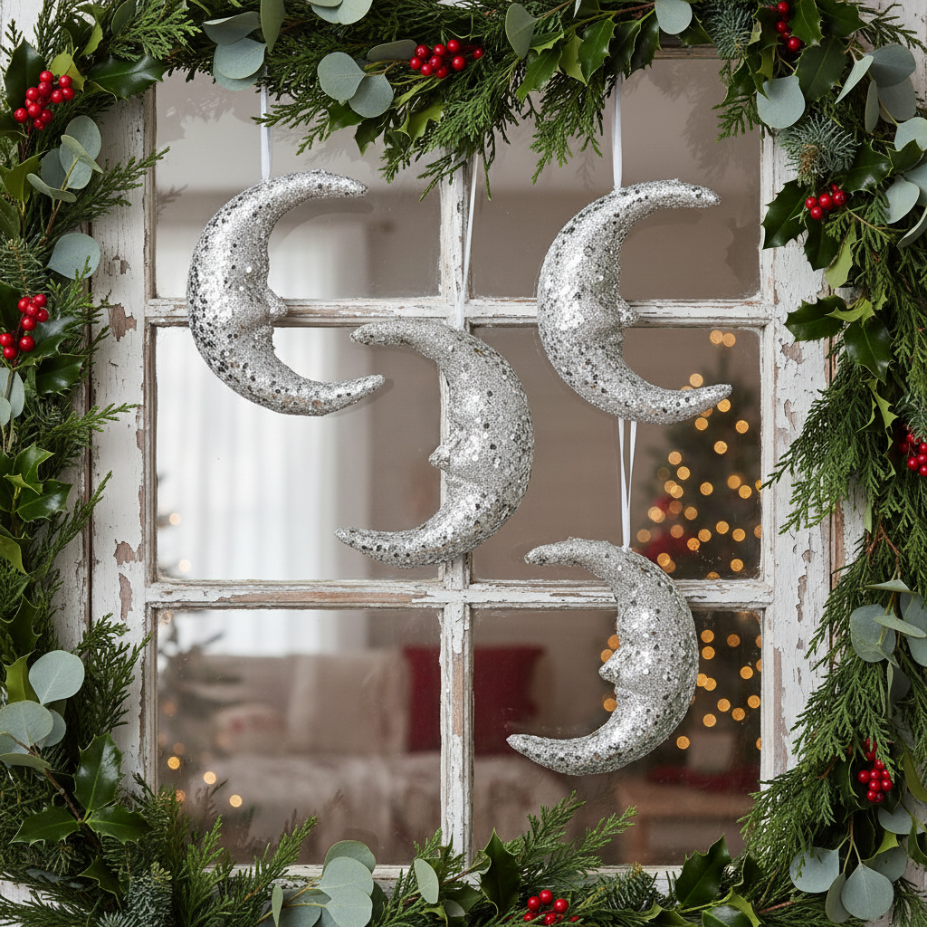 Decorative silver moon and star ornaments on a window with Christmas wreath and lights in the background