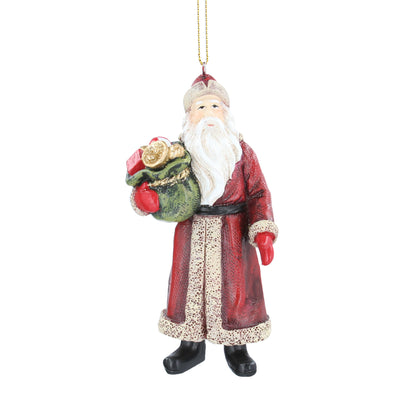 A hanging decoration featuring a Santa Claus figure in red and white colors, holding a gift sack.