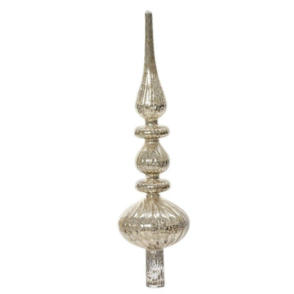 Antique silver glass finial in the shape of a Christmas tree topper with a tarnished golden appearance.