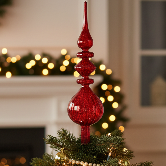 Decorated Christmas tree with red and gold ornaments in a festive room setting.