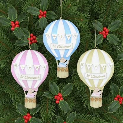 Baby's First Christmas Teddy On Balloon Wooden Tree Decoration