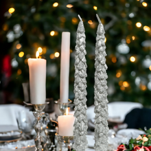 Load image into Gallery viewer, Set of 2 Silver Glitter Tree Dinner Candles
