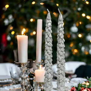 Set of 2 Silver Glitter Tree Dinner Candles