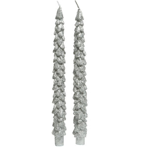 Set of 2 Silver Glitter Tree Dinner Candles