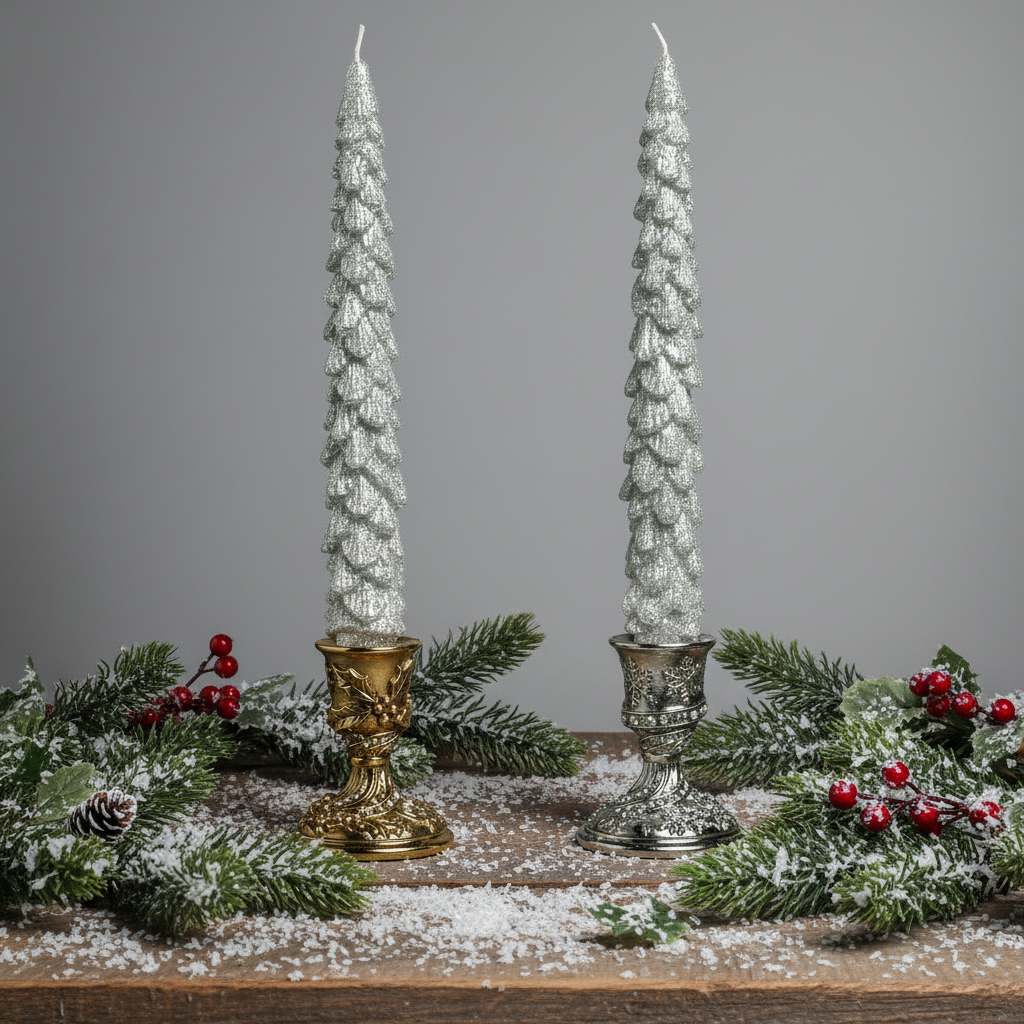 Two silver glittery candles with a tree design, displayed against a grey background.