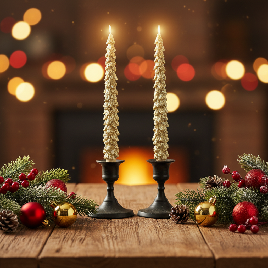 Two tall candlesticks with Christmas decorations on a wooden table in front of a fireplace.