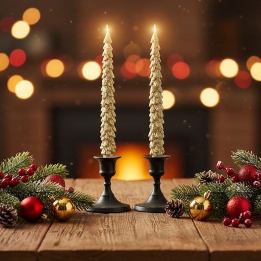 Two tall candlesticks with Christmas decorations on a wooden table in front of a fireplace.