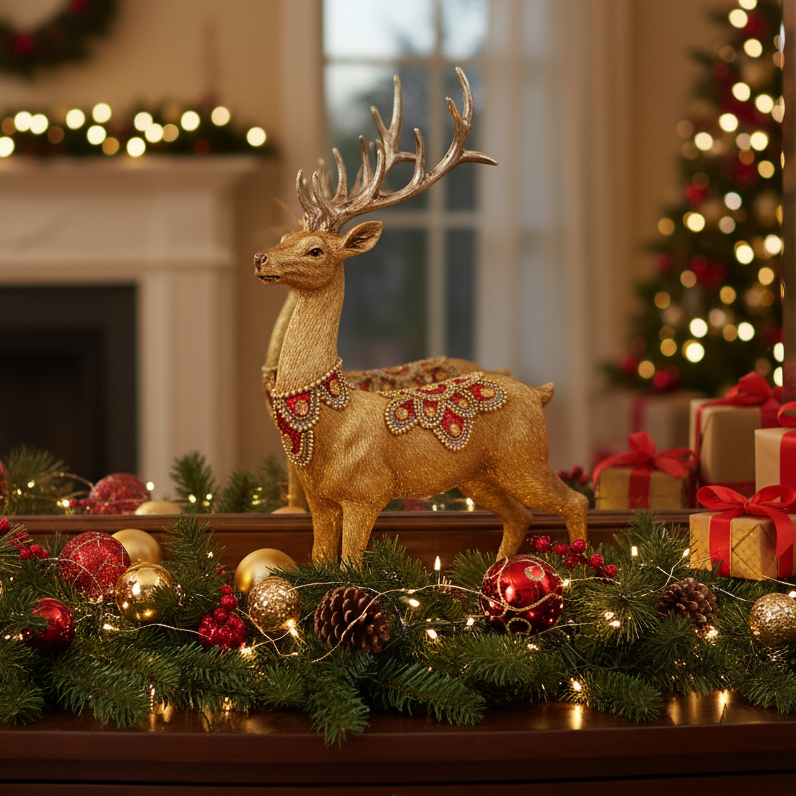 Christmas Gold Stag Ornament With Red And Gold Jewels