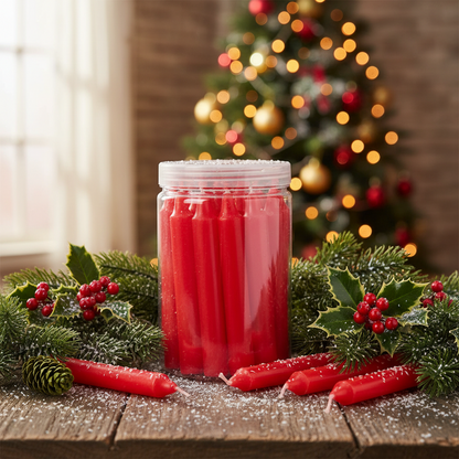 A clear plastic container filled with red wax mini dinner candles.