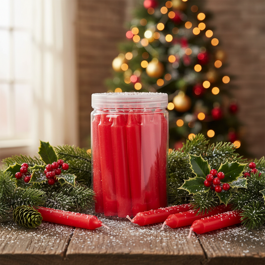 A clear plastic container filled with red wax mini dinner candles.
