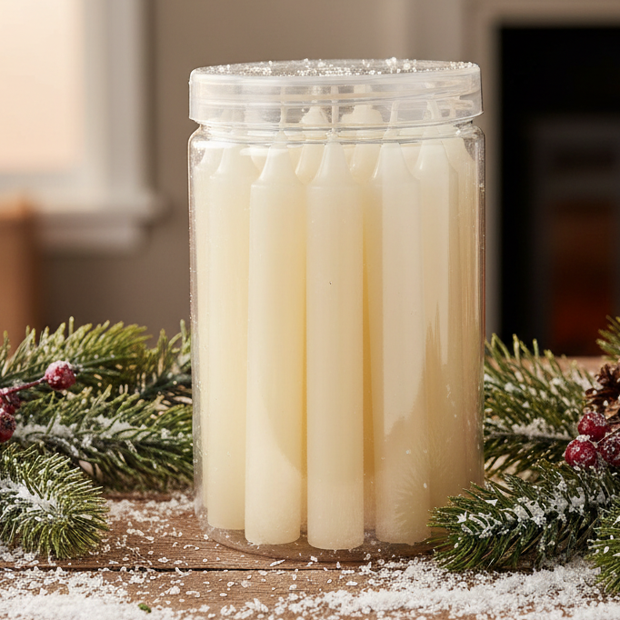 A clear container holding multiple cream-colored wax mini dinner candles.