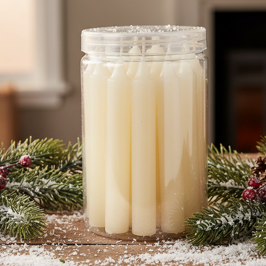 A clear container holding multiple cream-colored wax mini dinner candles.