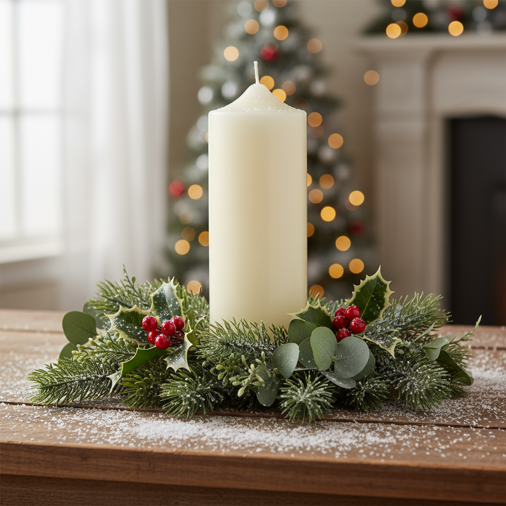A cream-colored paraffin wax church candle with a label around the middle, standing upright.