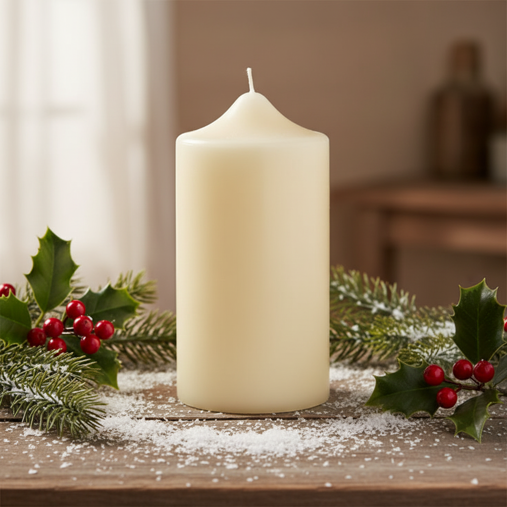 A cream-colored paraffin wax church candle with a label depicting other candles and the brand name 'Primas'