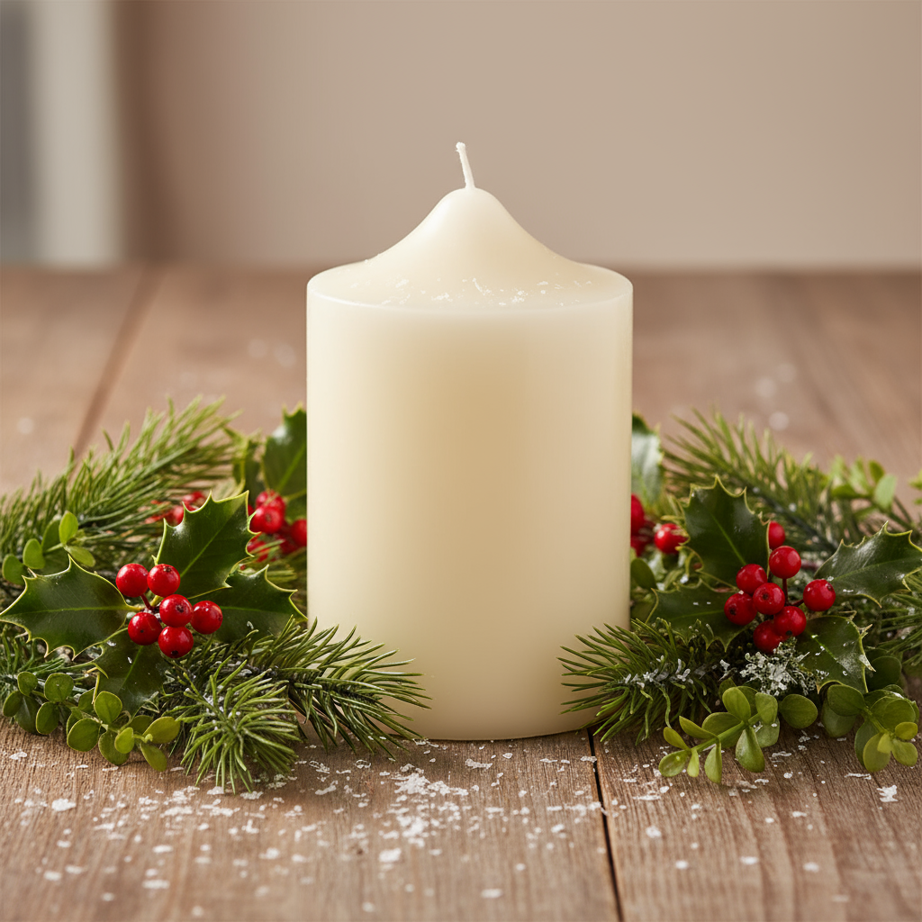 A cream-colored paraffin wax church candle with a label depicting other candles in the background, indicating the brand and usage.