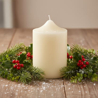 A cream-colored paraffin wax church candle with a label depicting other candles in the background, indicating the brand and usage.