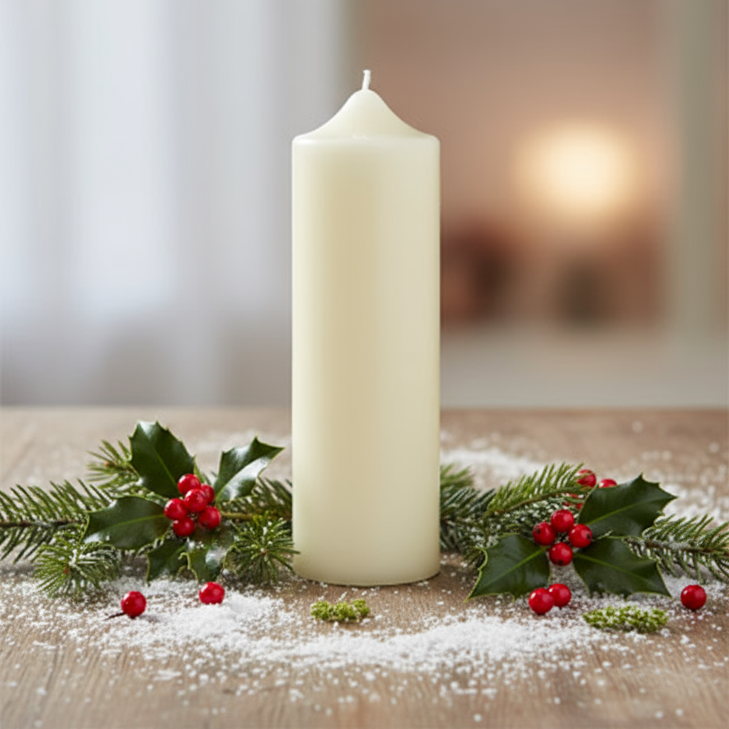 A cream-colored paraffin wax church candle with a label indicating it is 25cm in height, intended for indoor use.