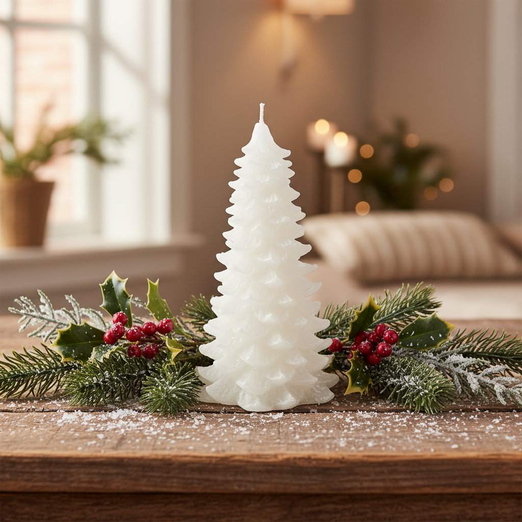 Metallic Winter White Christmas Tree Candle 21cm