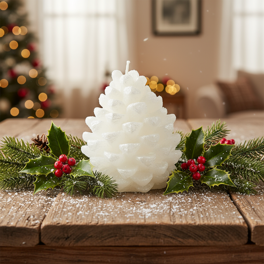 Metallic Winter White Pinecone Wax Christmas Candle 9cm