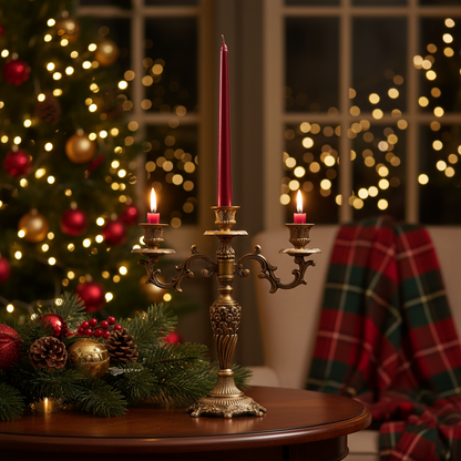 Decorative candlestick with lit candles in front of a Christmas tree with lights.
