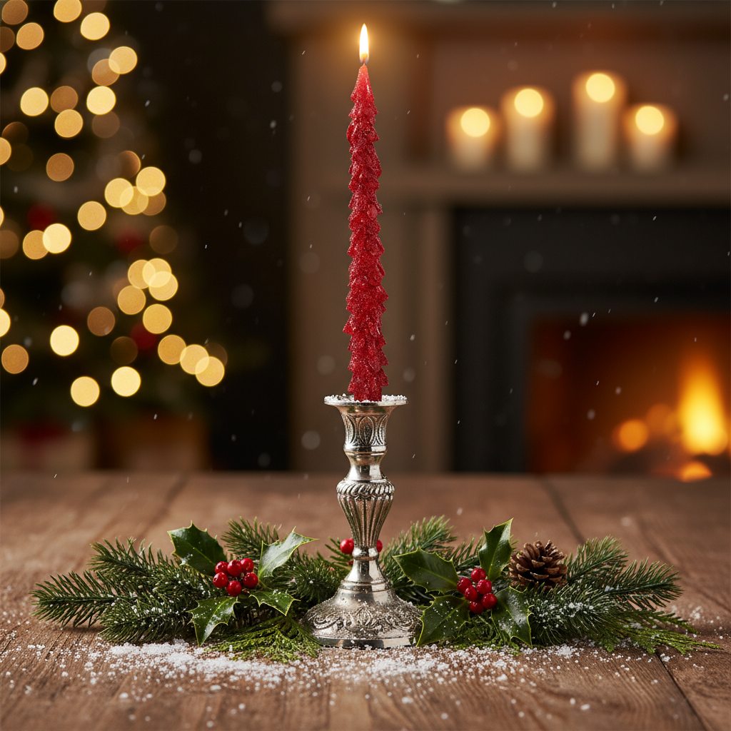 Set of 2 Red Metallic Christmas Tree Dinner Candles