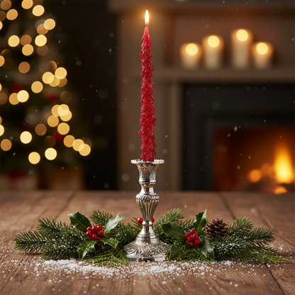 Set of 2 Red Metallic Christmas Tree Dinner Candles