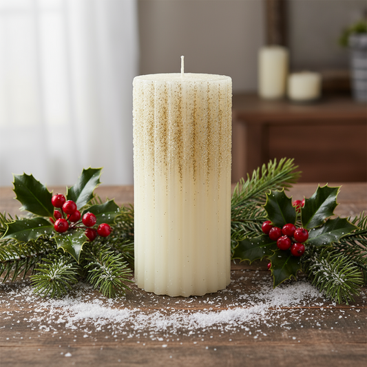 A cream-colored real wax pillar candle with ribbed design and glitter embellishments.