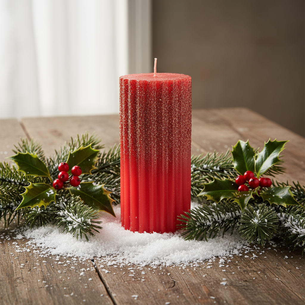Red Wax Rib Pillar Christmas Candle with Glitter 15 x 7cm