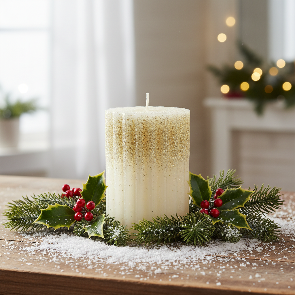 A cream wax ribbed pillar candle with glitter, designed for Christmas decoration.