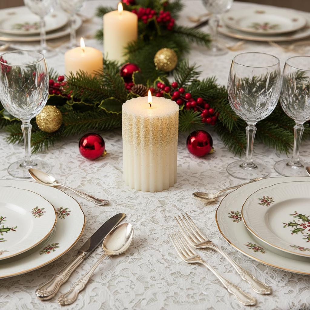 A cream wax ribbed pillar candle with glitter, designed for Christmas decoration.