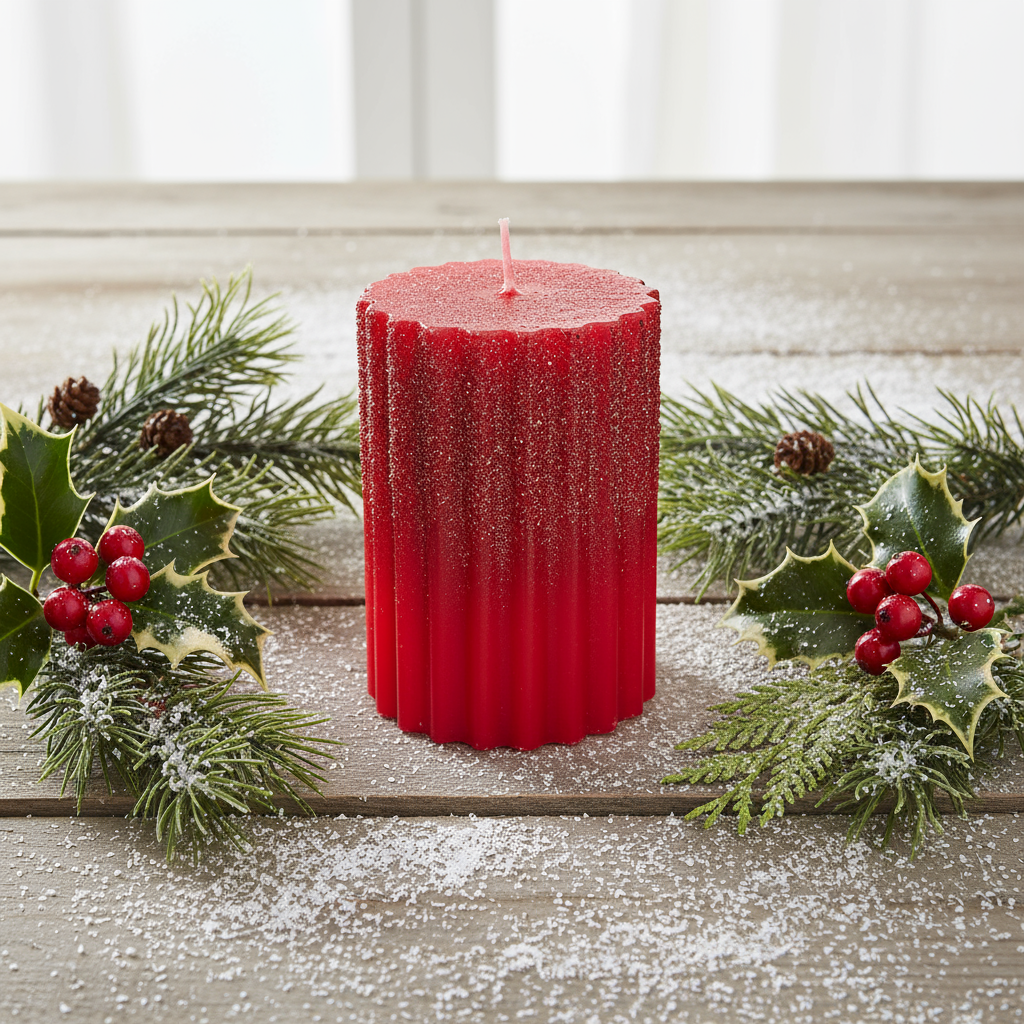 Red Wax Rib Pillar Christmas Candle with Glitter 10 x 7cm
