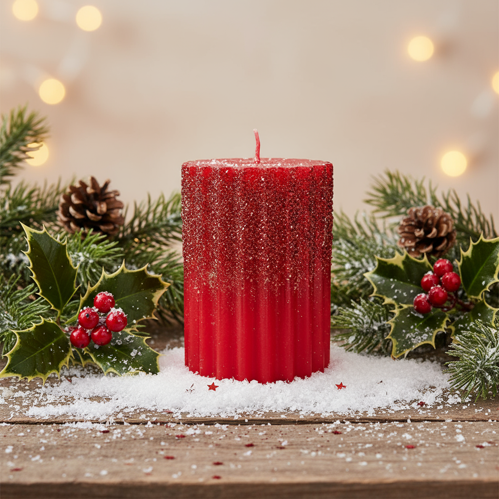 Red Wax Rib Pillar Christmas Candle with Glitter 10 x 7cm