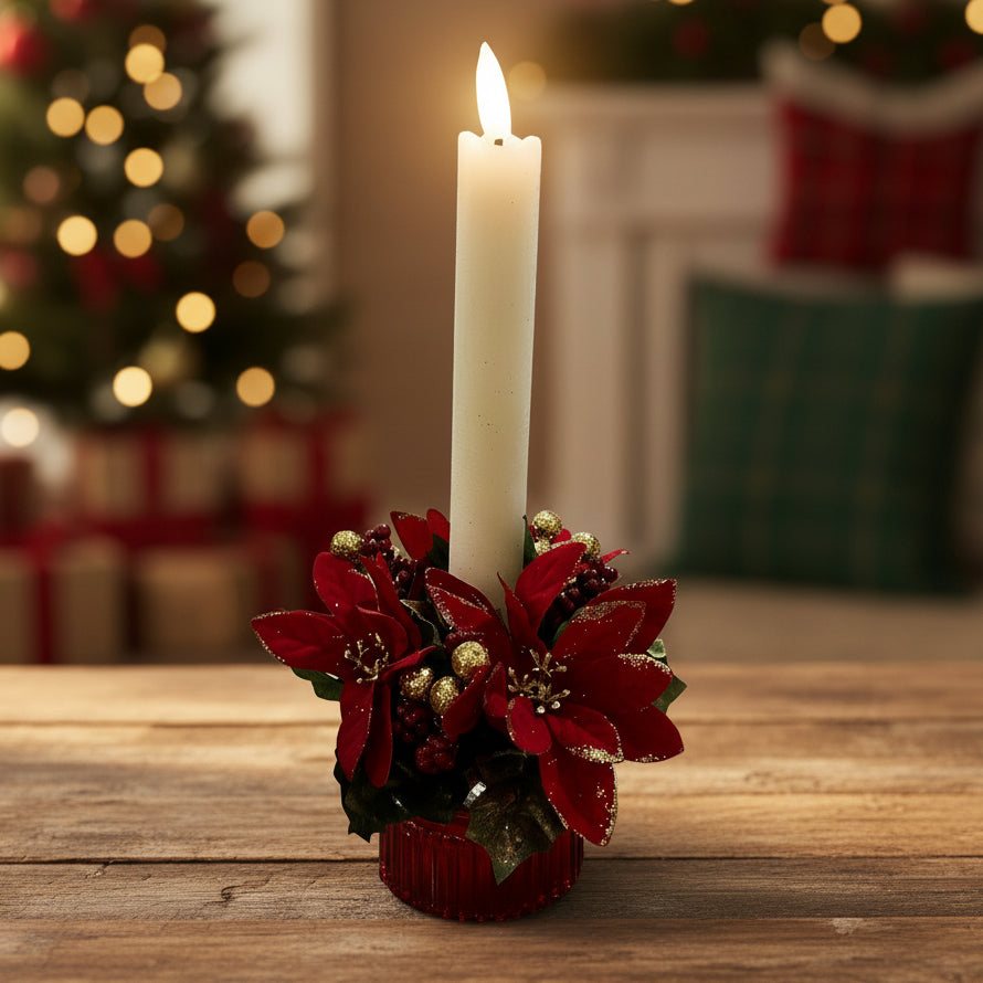 Red Poinsettia and Berry Christmas Candle Ring 13cm