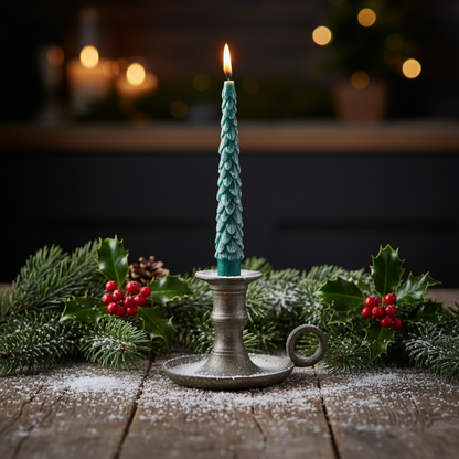 A set of two green Christmas tree-shaped dinner candles with a snow design, packaged in a black box with a festive design.