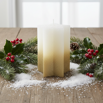 A white wax candle with gold glitter in a star shape, designed for Christmas decoration.