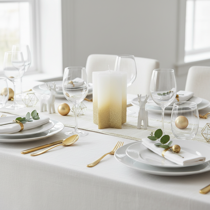 A white wax candle with gold glitter in a star shape, designed for Christmas decoration.