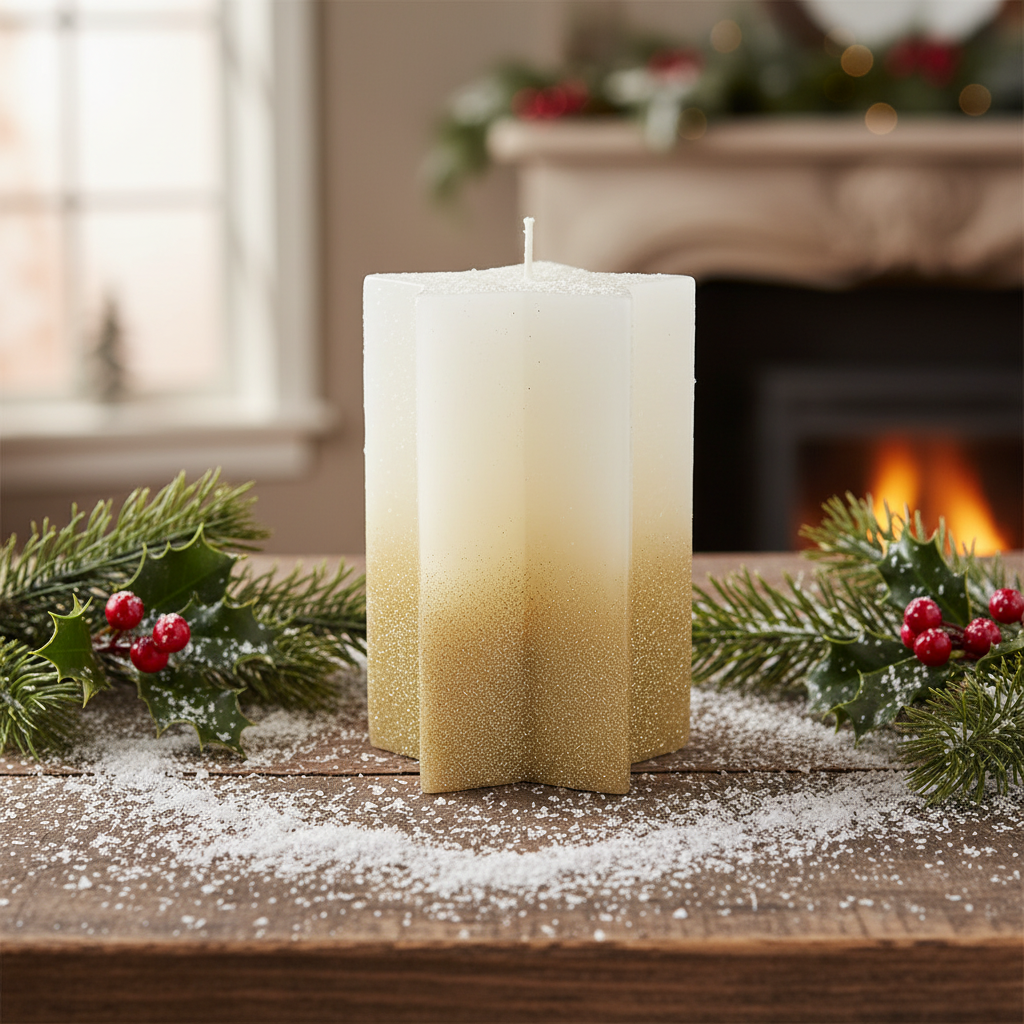 White with Gold Glitter Christmas Star Wax Candle 15cm