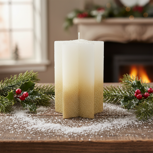 White with Gold Glitter Christmas Star Wax Candle 15cm