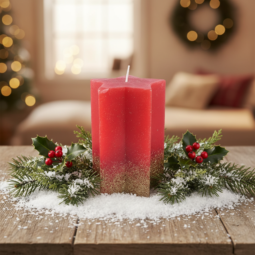 A red wax candle with gold glitter, shaped like a star, with a lit flame.