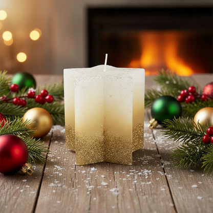 A white wax candle with gold glitter, shaped like a star, with a visible wick and decorative glitter on the surface.