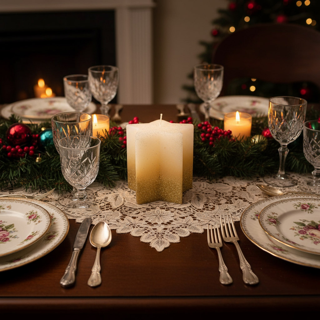 A white wax candle with gold glitter, shaped like a star, with a visible wick and decorative glitter on the surface.